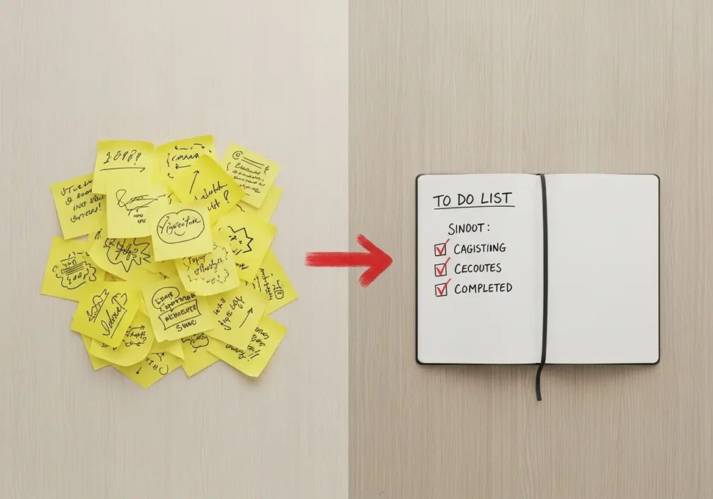 An image showing the transformation from a chaotic pile of notes to an effective to-do list, demonstrating how to create a list that works.
