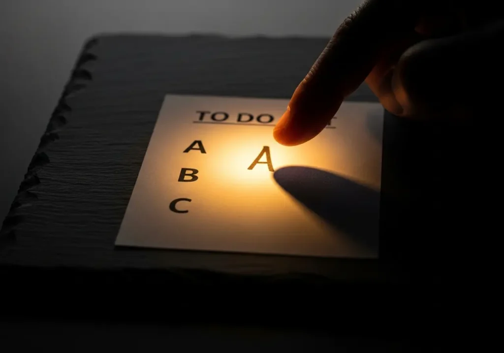 A conceptual image representing to-do list prioritization methods like the ABCDE method, focusing on the most important task first.