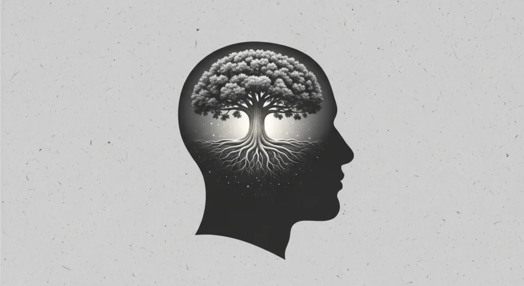A conceptual image of a strong tree with deep roots inside a person's head, symbolizing building mental toughness and resilience through reading.