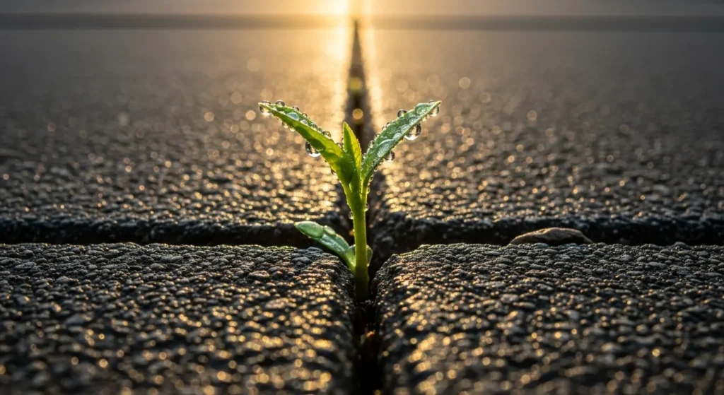 A sprout growing through concrete, symbolizing inner strength, fortitude, and a key aspect of emotional resilience.