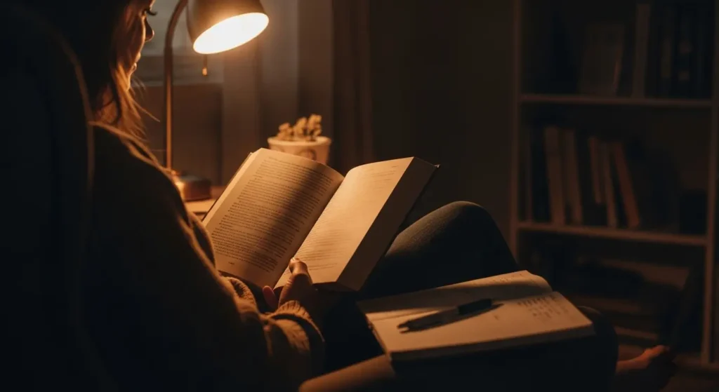 A person reading a book to build emotional resilience, taking notes to apply the concepts to their life.