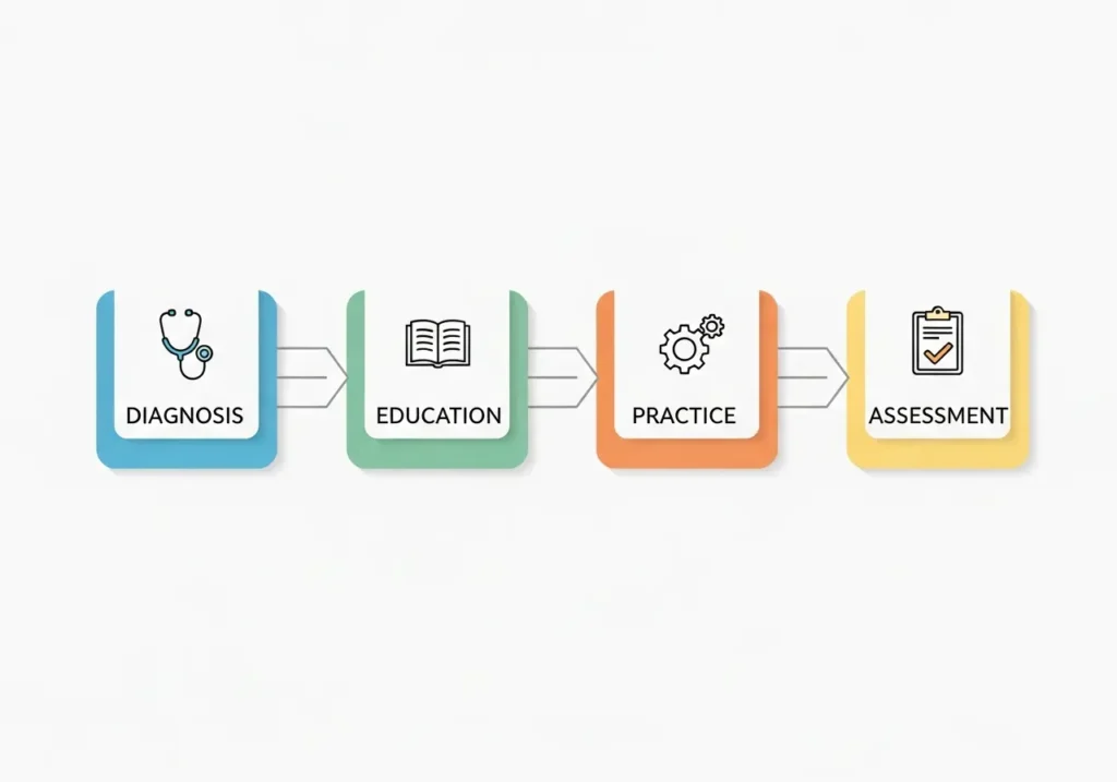 A flowchart diagram outlining the 4 steps of the free EQ coaching plan: Diagnosis, Education, Practice, and Assessment.