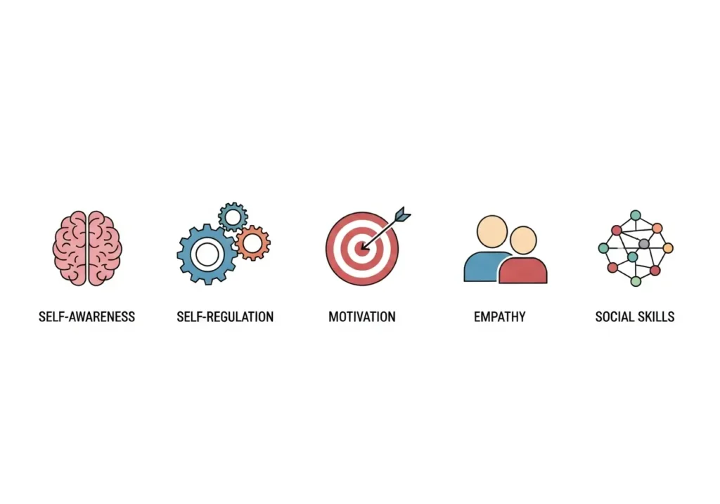Infographic showing the five pillars of emotional intelligence: Self-Awareness, Self-Regulation, Motivation, Empathy, and Social Skills.