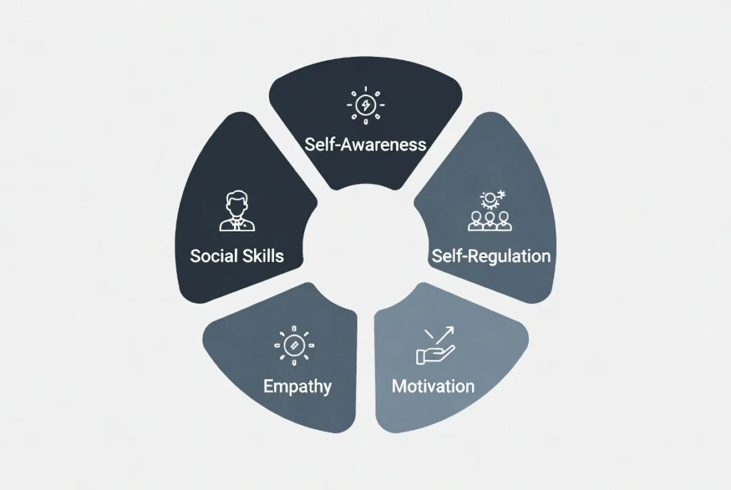 Daniel Goleman's 5 Components of Emotional Intelligence infographic showing Self-Awareness, Regulation, Motivation, Empathy, and Social Skills.