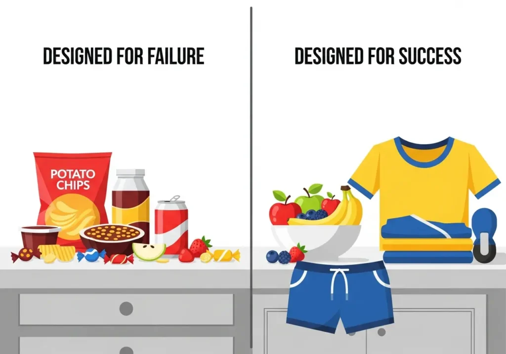 Environment design for goal success - healthy food and workout clothes versus junk food comparison