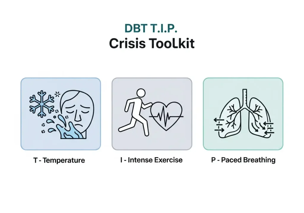 An infographic with three icons representing the DBT T.I.P. skills: a thermometer for Temperature, a running figure for Intense Exercise, and lungs for Paced Breathing.