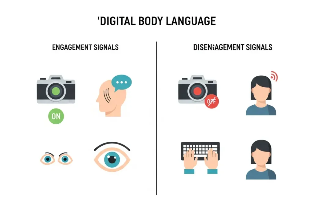 A side-by-side comparison infographic showing engagement vs. disengagement signals in digital body language for remote leadership.