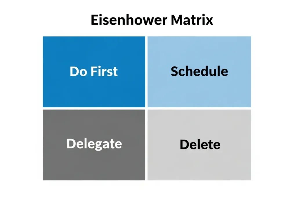 eisenhower-matrix-prioritization-framework Diagram of the Eisenhower Matrix divided into four quadrants: Do First, Schedule, Delegate, and Delete, used for prioritizing tasks based on urgency and importance.