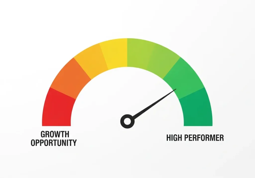 A gauge chart illustrating the different EQ score meanings, from "Growth Opportunity" to "High Performer".