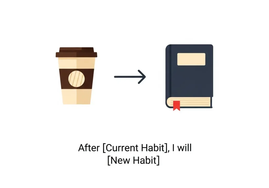 Habit stacking formula illustration - linking new habits to existing routines with coffee and book example
