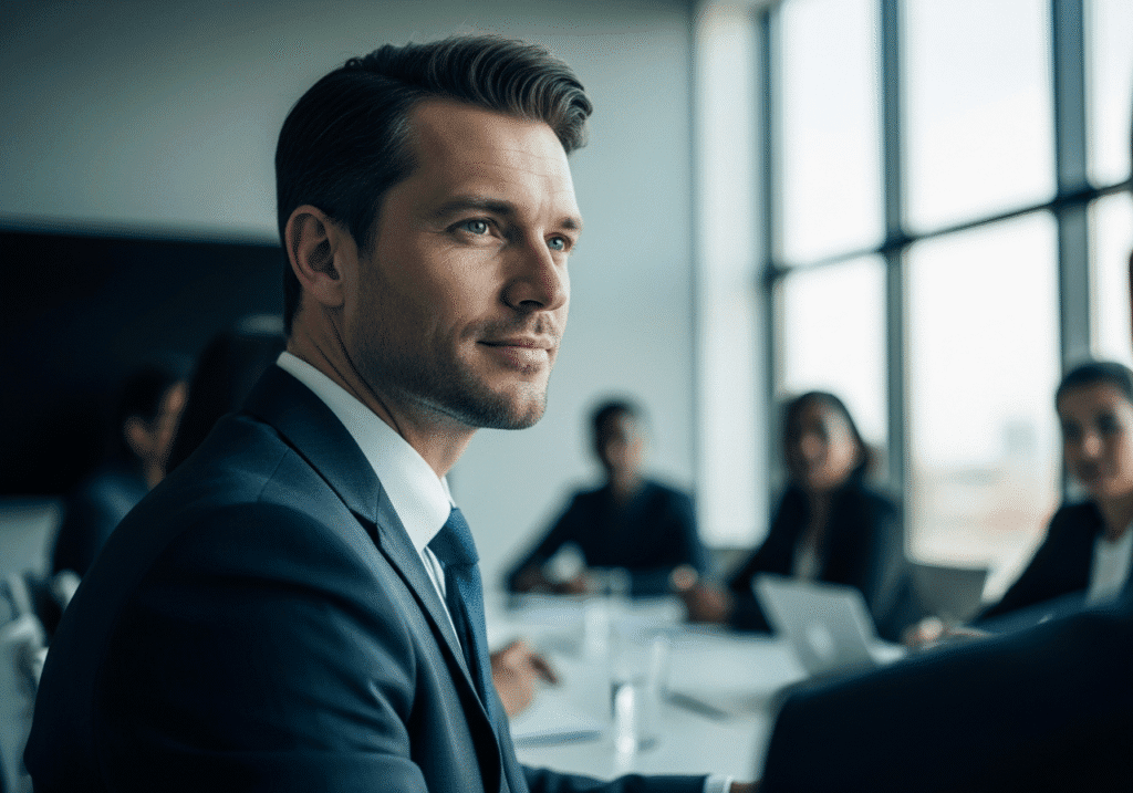 high-emotional-intelligence-leadership Team leader demonstrating calm and active listening during a workplace meeting.