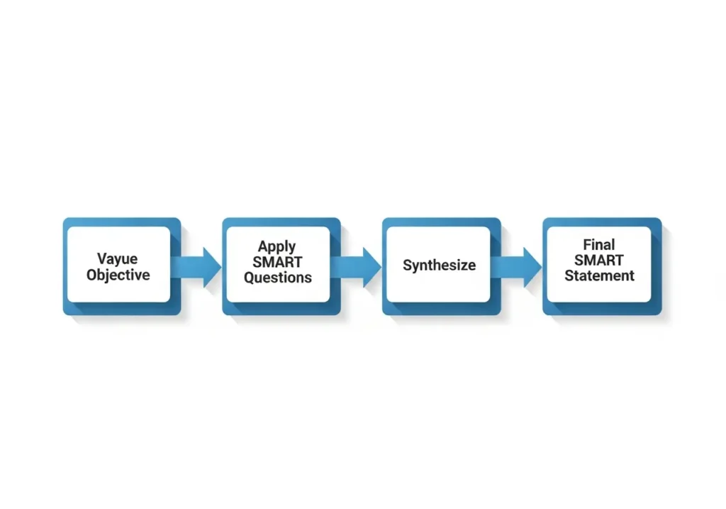 A 4-step flowchart diagram illustrating the process of writing a SMART goal, moving from a Vague Objective to a Final Statement.