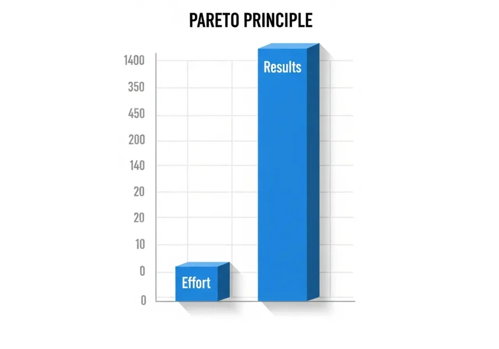 pareto-principle-80-20-rule-productivity-chart A bar chart illustrating the Pareto Principle (80/20 Rule), visually demonstrating that 20% of focused efforts generate 80% of the desired results.