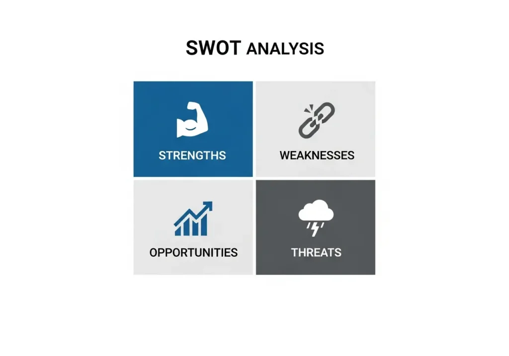 personal-swot-analysis-matrix A 2x2 matrix diagram representing a Personal SWOT Analysis, divided into Strengths, Weaknesses, Opportunities, and Threats.