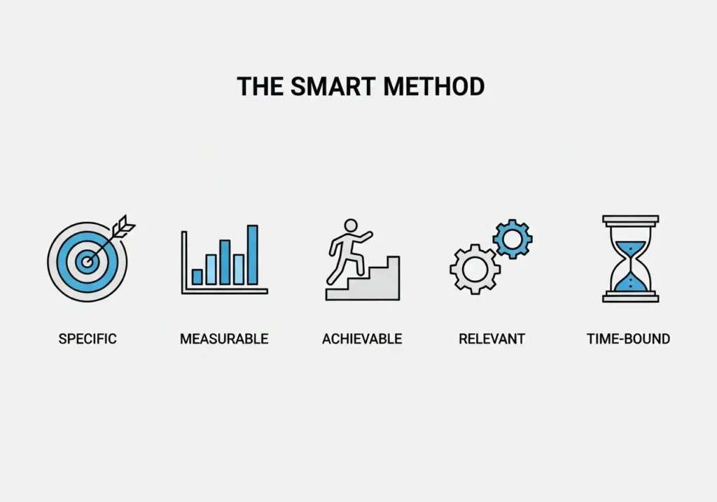 SMART goal setting method visual guide showing five components - specific measurable achievable relevant time-bound
