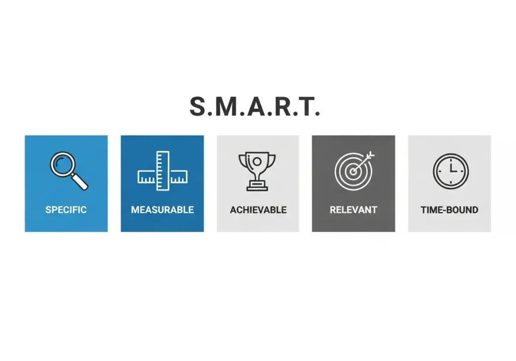 An infographic breaking down the SMART goal setting framework into its five components: Specific, Measurable, Achievable, Relevant, and Time-bound.