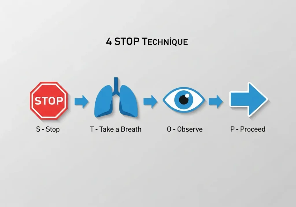 Four sequential icons representing the STOP technique for emotional self-regulation: a stop sign, a person breathing, an eye observing, and an arrow moving forward.
