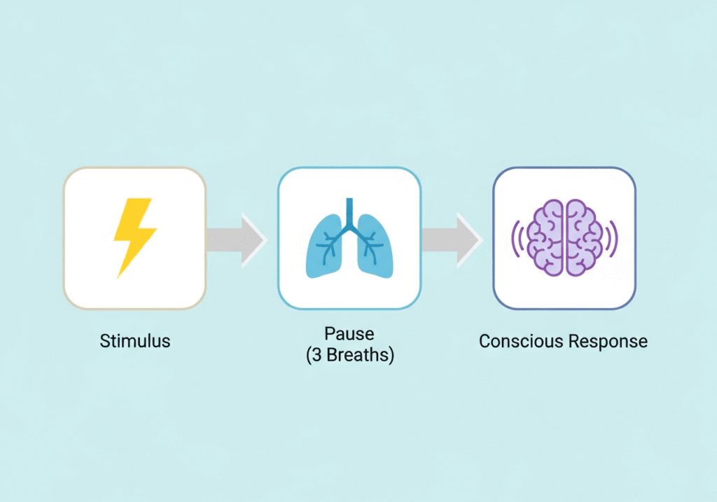 the-pause-technique-self-management Simple infographic showing the Pause Technique process: Stimulus -> Pause (3 breaths) -> Conscious Response.