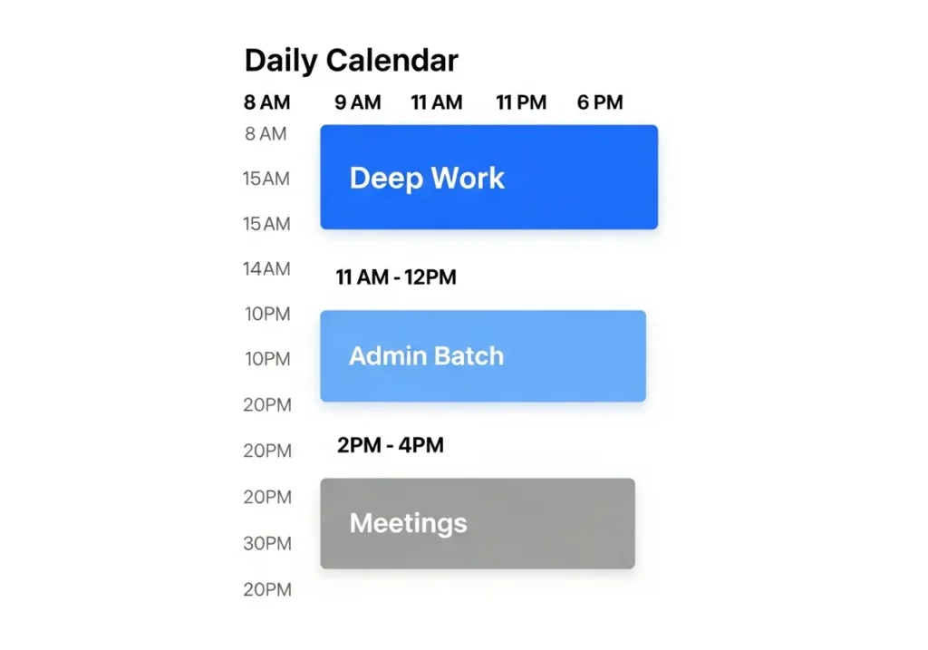 time-blocking-daily-schedule-example A visual example of a daily calendar using the Time Blocking method, featuring distinct color-coded blocks for Deep Work, Admin tasks, and Meetings.