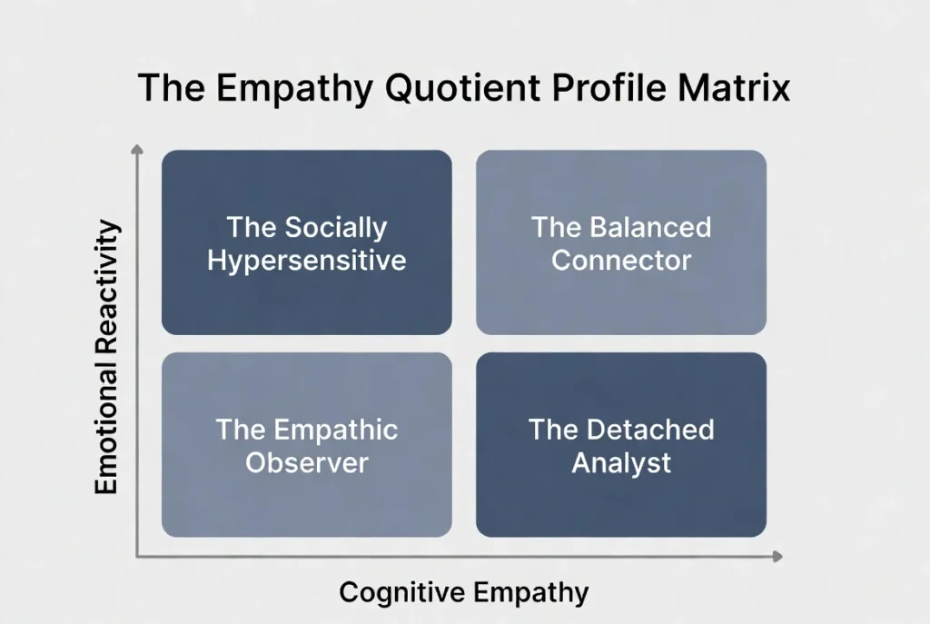The Empathy Quotient Profile Matrix showing three profiles: The Detached Analyst, The Socially Hypersensitive, and The Balanced Connector based on cognitive and emotional scores.