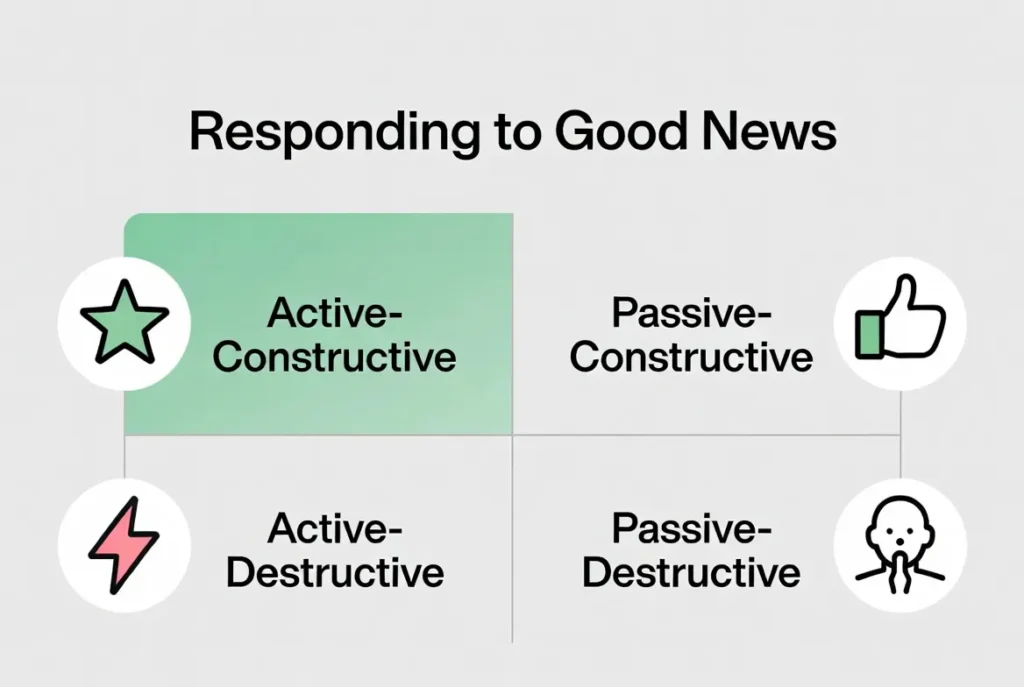 active-constructive-responding-matrix Matrix diagram showing the four ways to respond to good news: Active-Constructive, Passive-Constructive, Active-Destructive, and Passive-Destructive.