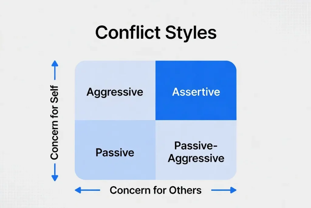 conflict-styles-matrix-assertiveness Chart showing four conflict styles: Passive, Aggressive, Passive-Aggressive, and Assertive, based on concern for self versus others.